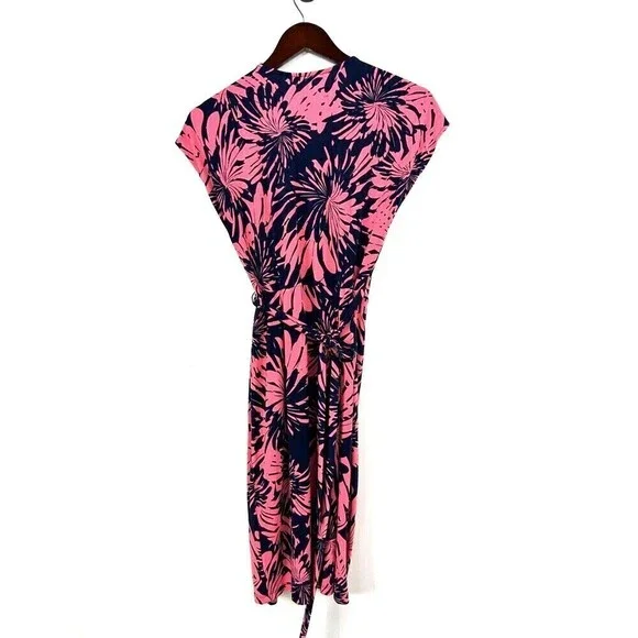 Maggy London Womens Sz 8 Pink And Blue Tropical Floral Cap Sleeve Wrap Dress N4 - Picture 5 of 12